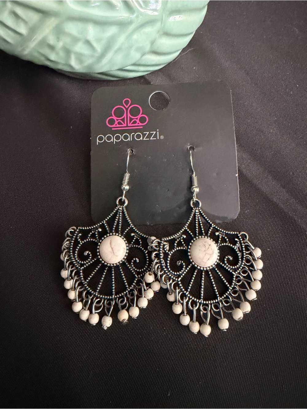 Paparazzi Silver-Tone Filigree Chandelier Earrings with Cream Stones. NWT